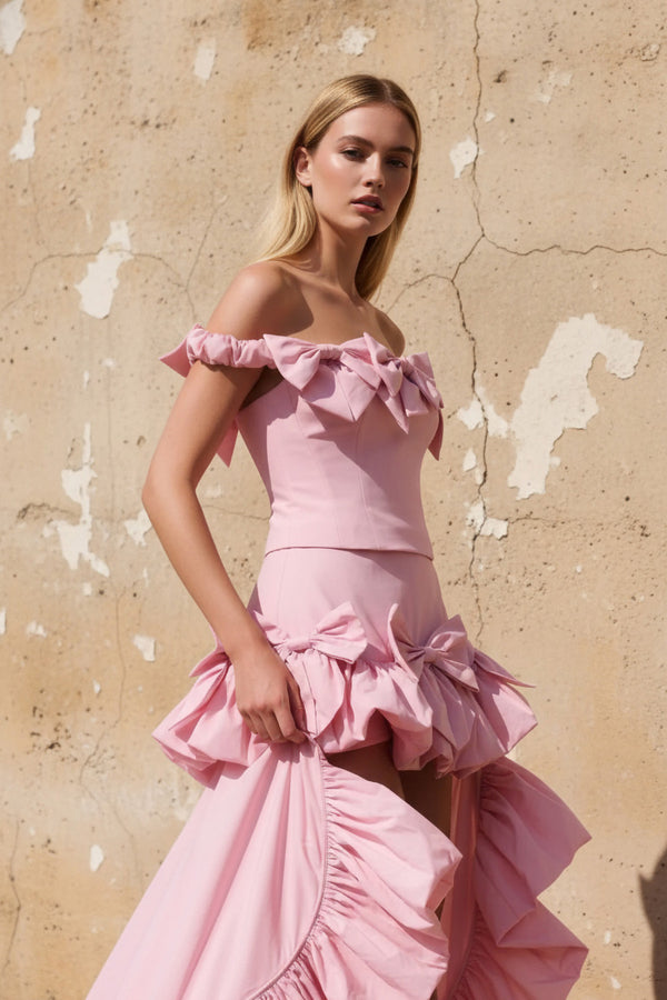 Sheisme-Pink Taffeta Off-Shoulder High-Low Maxi Evening Formal Dress