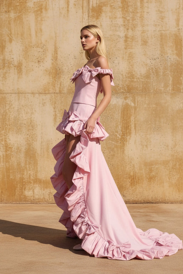 Taffeta High - Low Gown With Bows in Pink - SHE IS ME