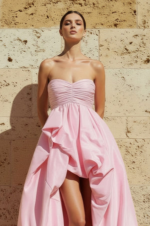 Sheisme-Pink Taffeta Strapless High-Low A-Line Evening Formal Dress