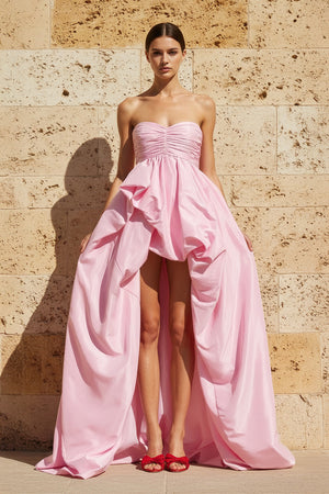 Sheisme-Pink Taffeta Strapless High-Low A-Line Evening Formal Dress