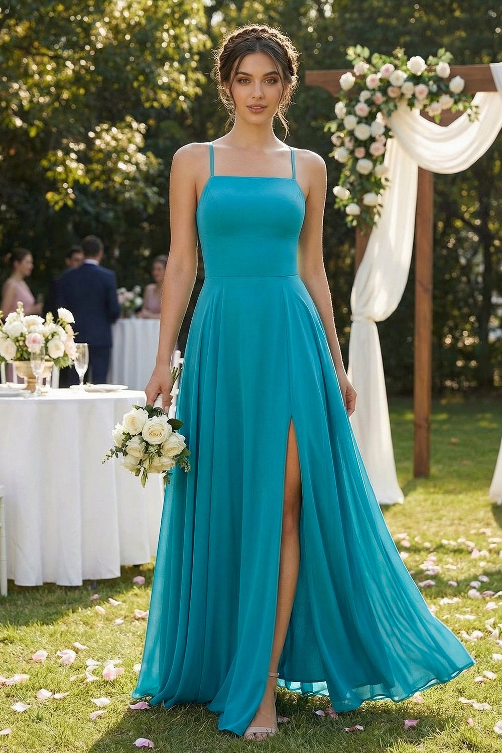 A-Line Chiffon Bridesmaid Dress in Dark Teal With Slit - SHE IS ME BRIDESMAID DRESSES