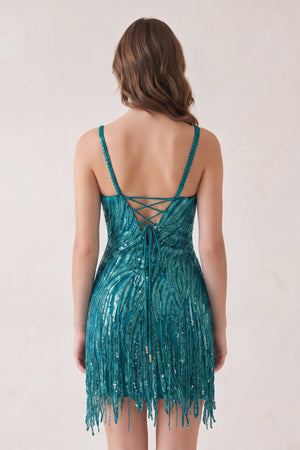 Teal Sheath V Neck Sequined Tassels Homecoming Dresses (2) | SHEISME