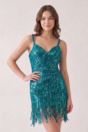 Teal Sheath V Neck Sequined Tassels Homecoming Dresses | SHEISME