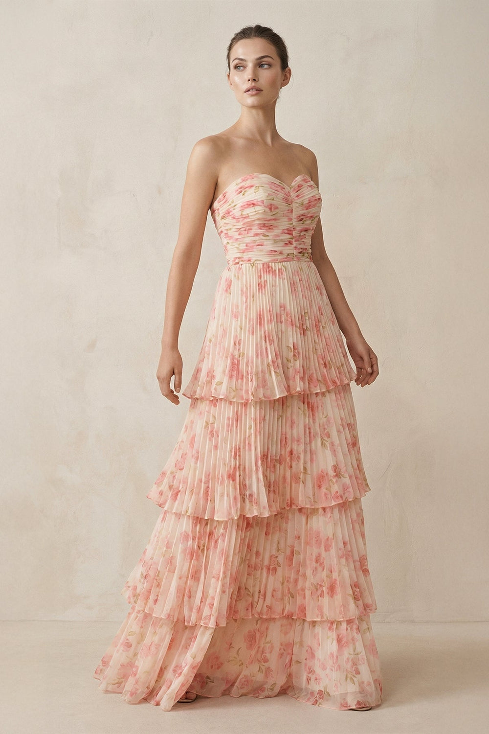 Tiered A-Line Pleated Chiffon Wedding Guest Dress in Pink Fern Floral