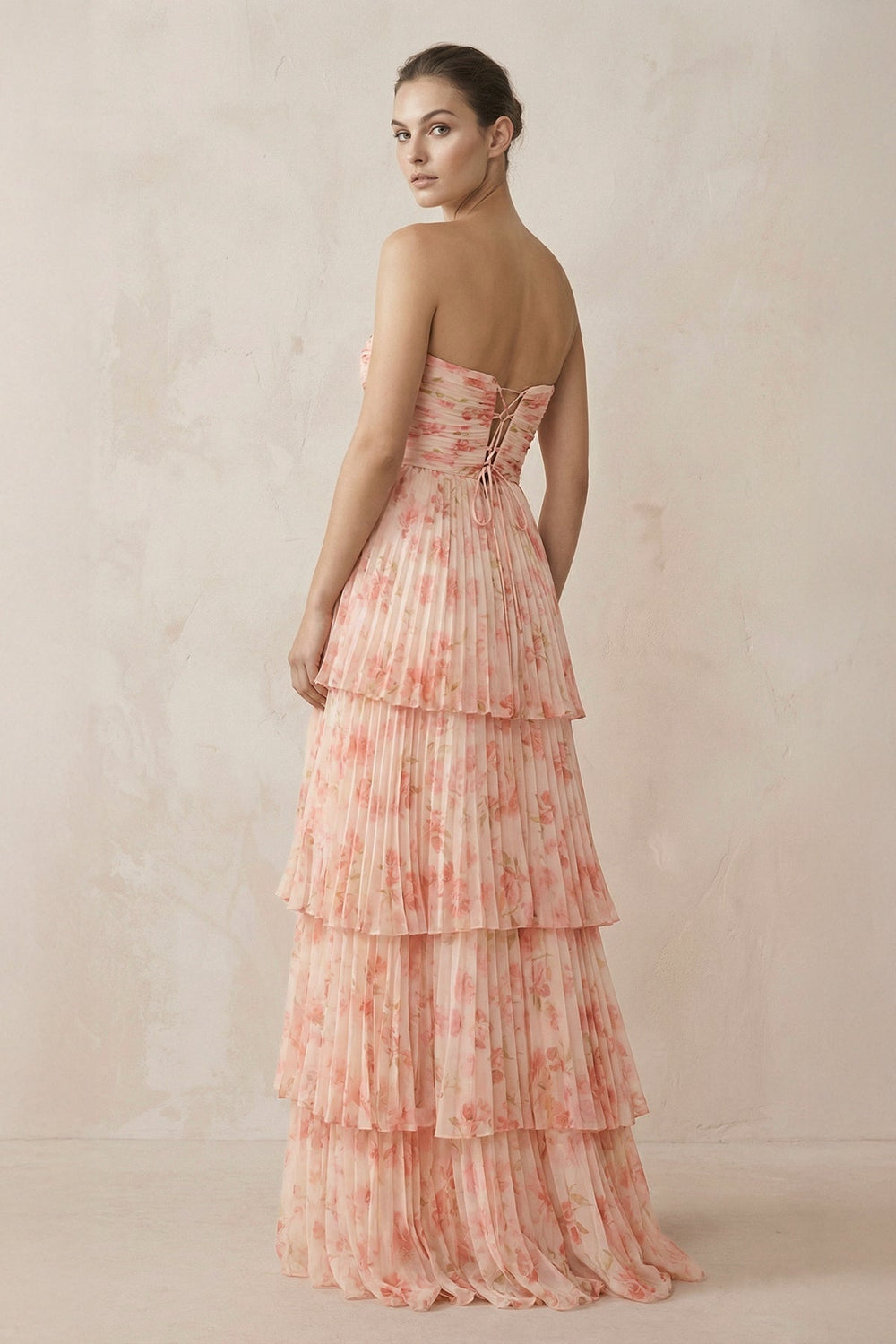 Tiered A-Line Pleated Chiffon Wedding Guest Dress in Pink Fern Floral