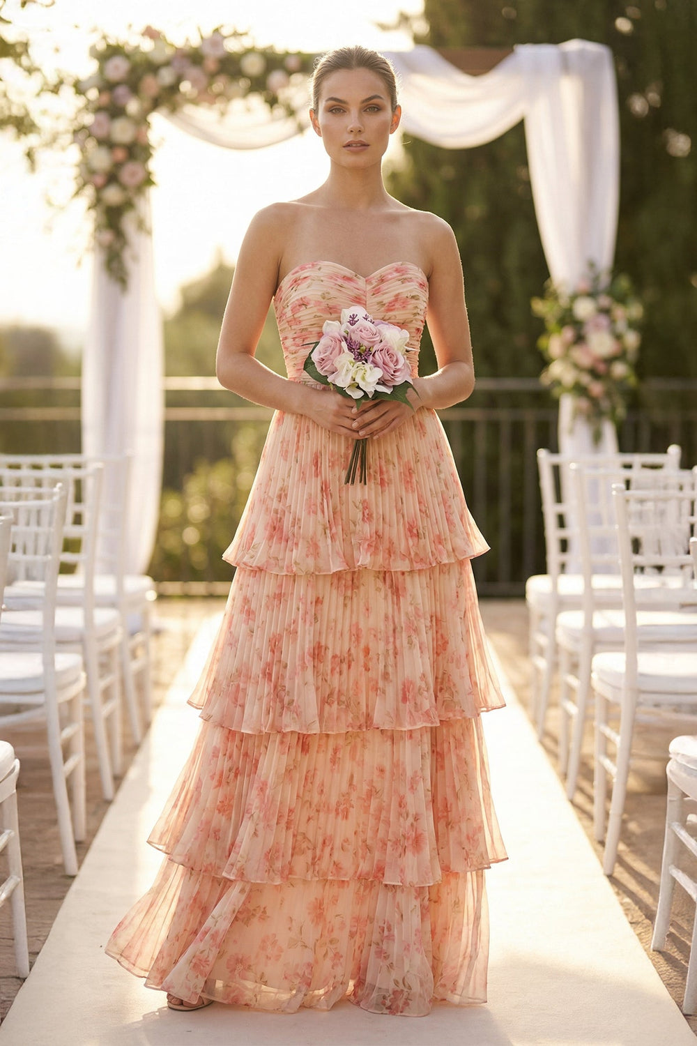 Tiered A - Line Pleated Chiffon Maxi Dress - SHE IS ME Bridesmaid Dresses