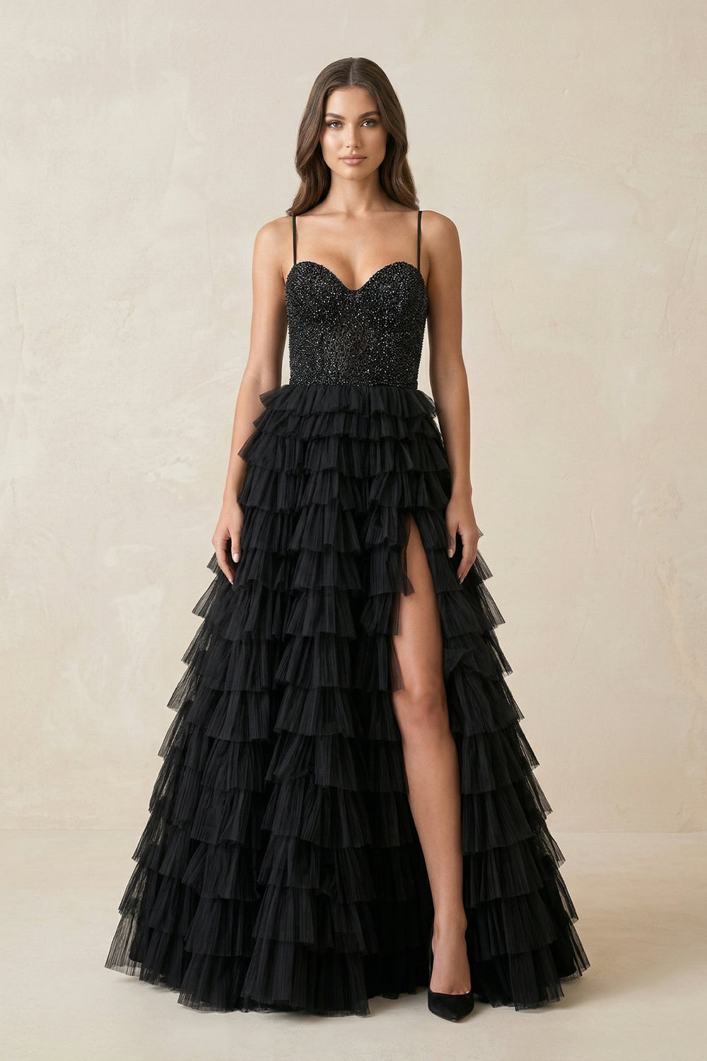 Tiered A - Line Tulle Sweetheart Wedding Dress with Slit in Black - SHE IS ME Wedding Dresses