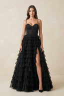 Tiered A - Line Tulle Sweetheart Wedding Dress with Slit in Black - SHE IS ME Wedding Dresses