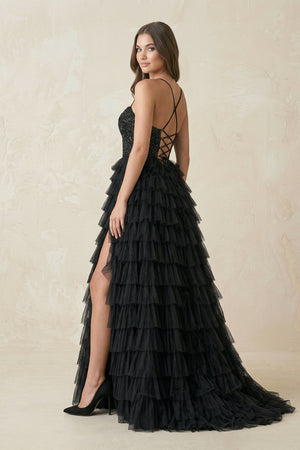 Tiered A - Line Tulle Sweetheart Wedding Dress with Slit in Black - SHE IS ME Wedding Dresses