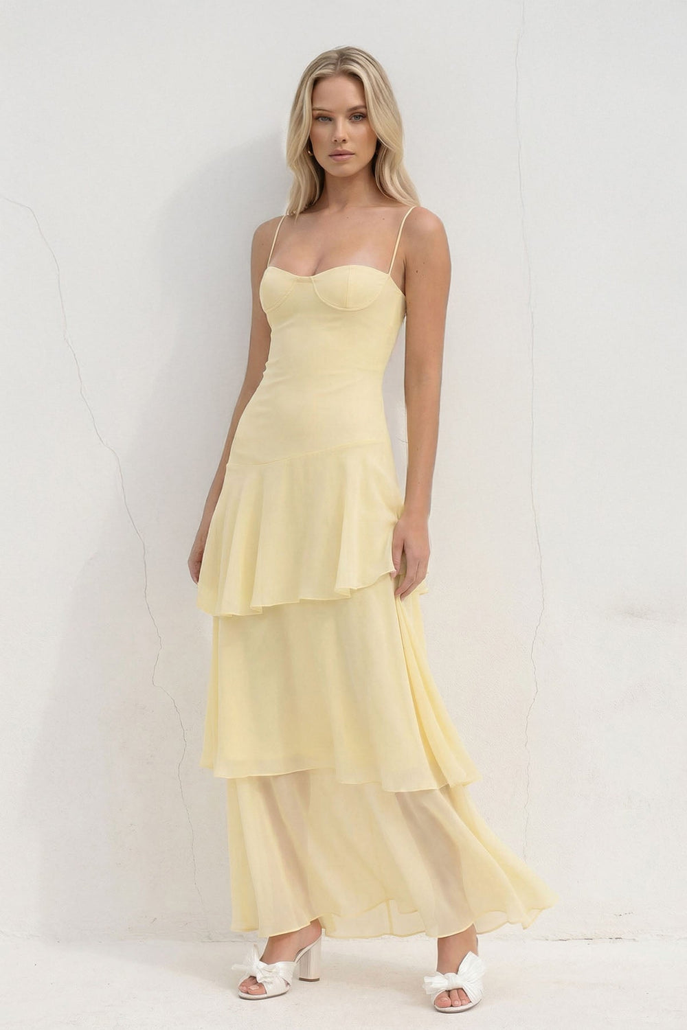 Tiered Chiffon Maxi Dress in Yellow - SHE IS ME PROM DRESSES