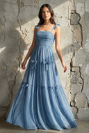 Tiered Maxi Dress With Bow in Steel Blue - SHE IS ME