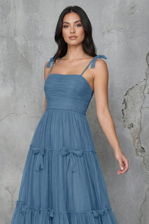 Tiered Maxi Dress With Bow in Steel Blue - SHE IS ME