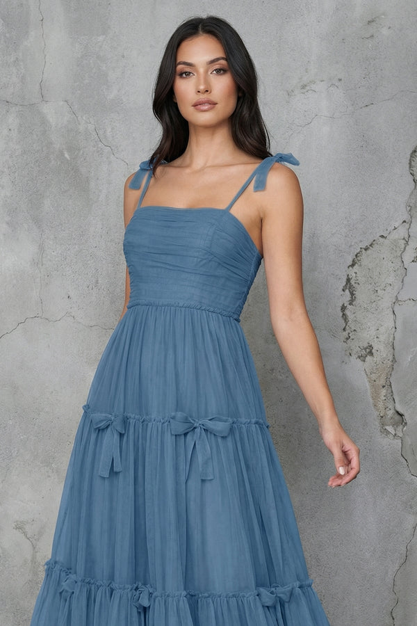 Tiered Maxi Dress With Bow in Steel Blue - SHE IS ME