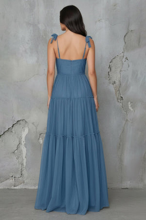 Tiered Maxi Dress With Bow in Steel Blue - SHE IS ME