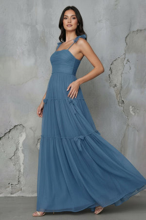 Tiered Maxi Dress With Bow in Steel Blue - SHE IS ME