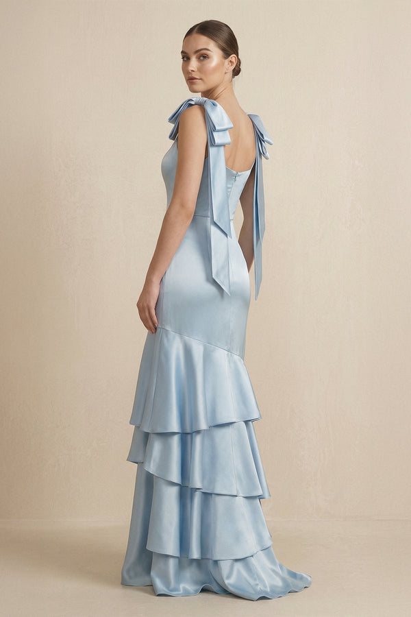 Tiered Maxi Satin Bridesmaid Dress with Bow Straps - SHE IS ME Bridesmaid Dresses