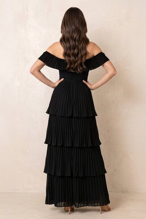 Tiered Pleated Off-the-Shoulder Chiffon Maxi Dress in Black – SHE IS ME Dresses