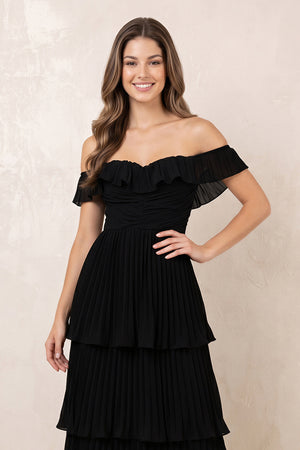 Tiered Pleated Off-the-Shoulder Chiffon Maxi Dress in Black – SHE IS ME Dresses