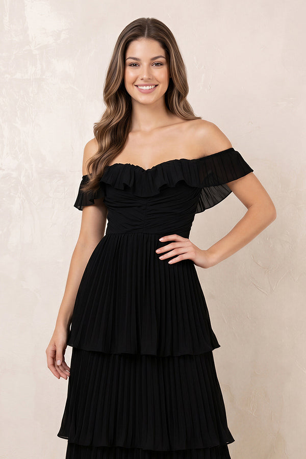 Tiered Pleated Off-the-Shoulder Chiffon Maxi Dress in Black – SHE IS ME Dresses