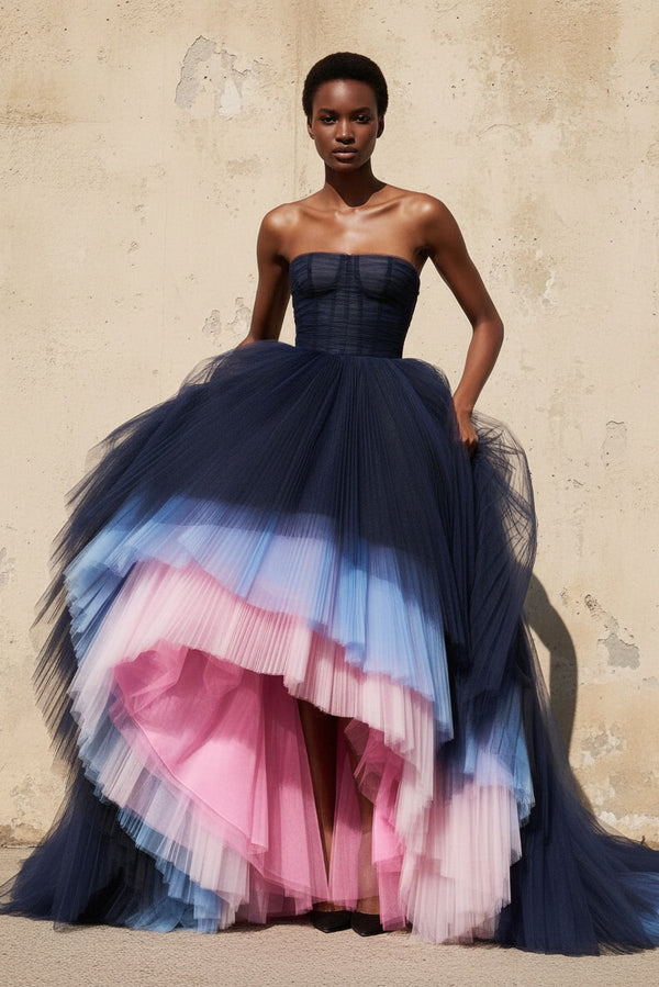 Tiered Pleated Tulle Gown In Multi - SHE IS ME PROM DRESSES