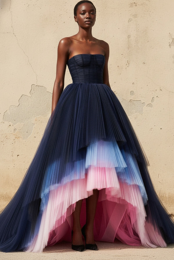 Tiered Pleated Tulle Gown In Multi - SHE IS ME PROM DRESSES