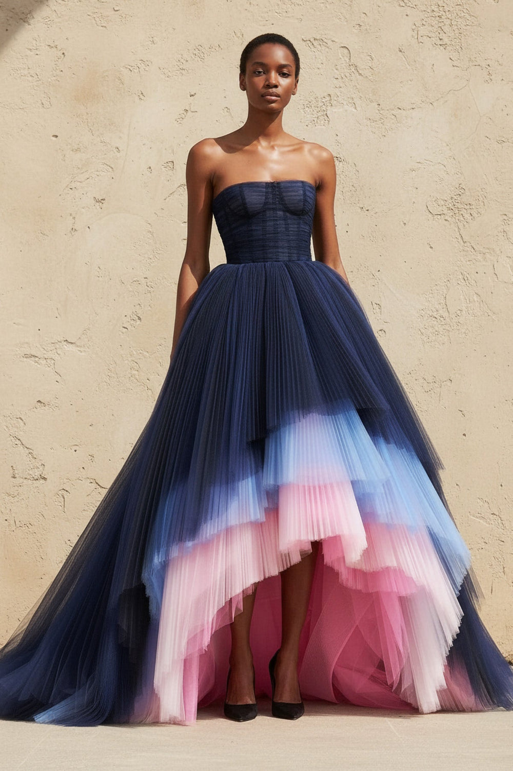 Tiered Pleated Tulle Gown In Multi - SHE IS ME