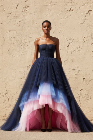 Tiered Pleated Tulle Gown In Multi - SHE IS ME