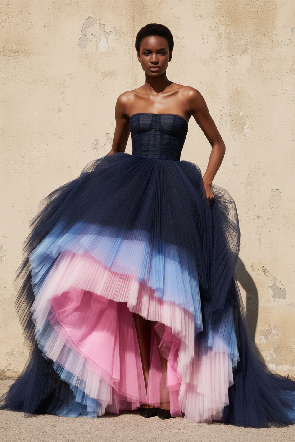 Sheisme-Blue and Pink Tiered Pleated Tulle A-Line Gown Evening Formal Dress