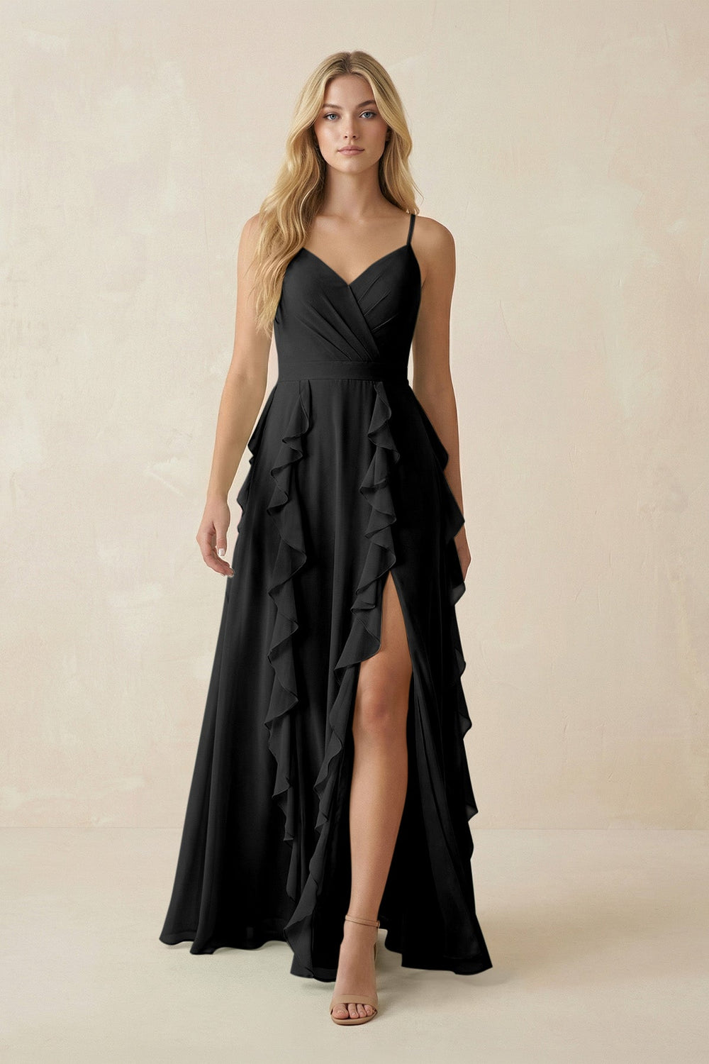 Tiered Ruffle A - Line Chiffon Bridesmaid Dress in Black - SHE IS ME Bridesmaid Dresses