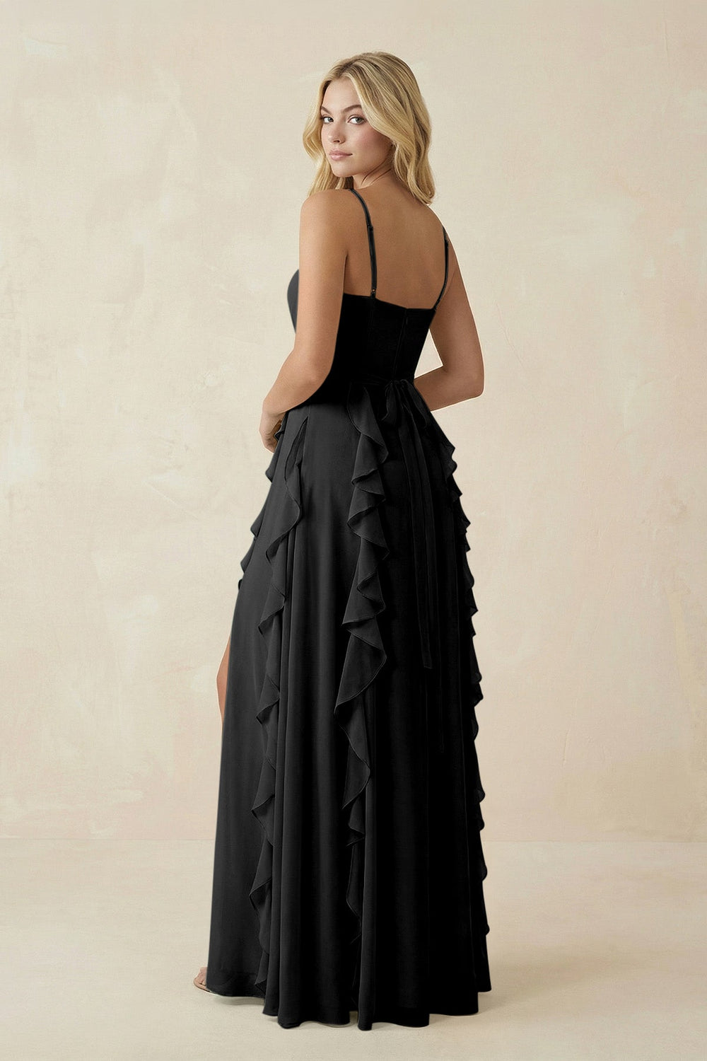 Tiered Ruffle A - Line Chiffon Bridesmaid Dress in Black - SHE IS ME Bridesmaid Dresses