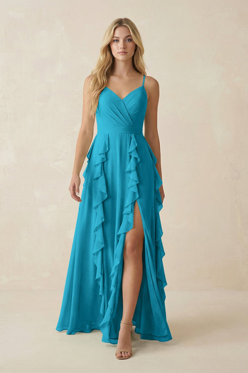 Tiered Ruffle A - Line Chiffon Bridesmaid Dress in Blue Jay - SHE IS ME Bridesmaid Dresses