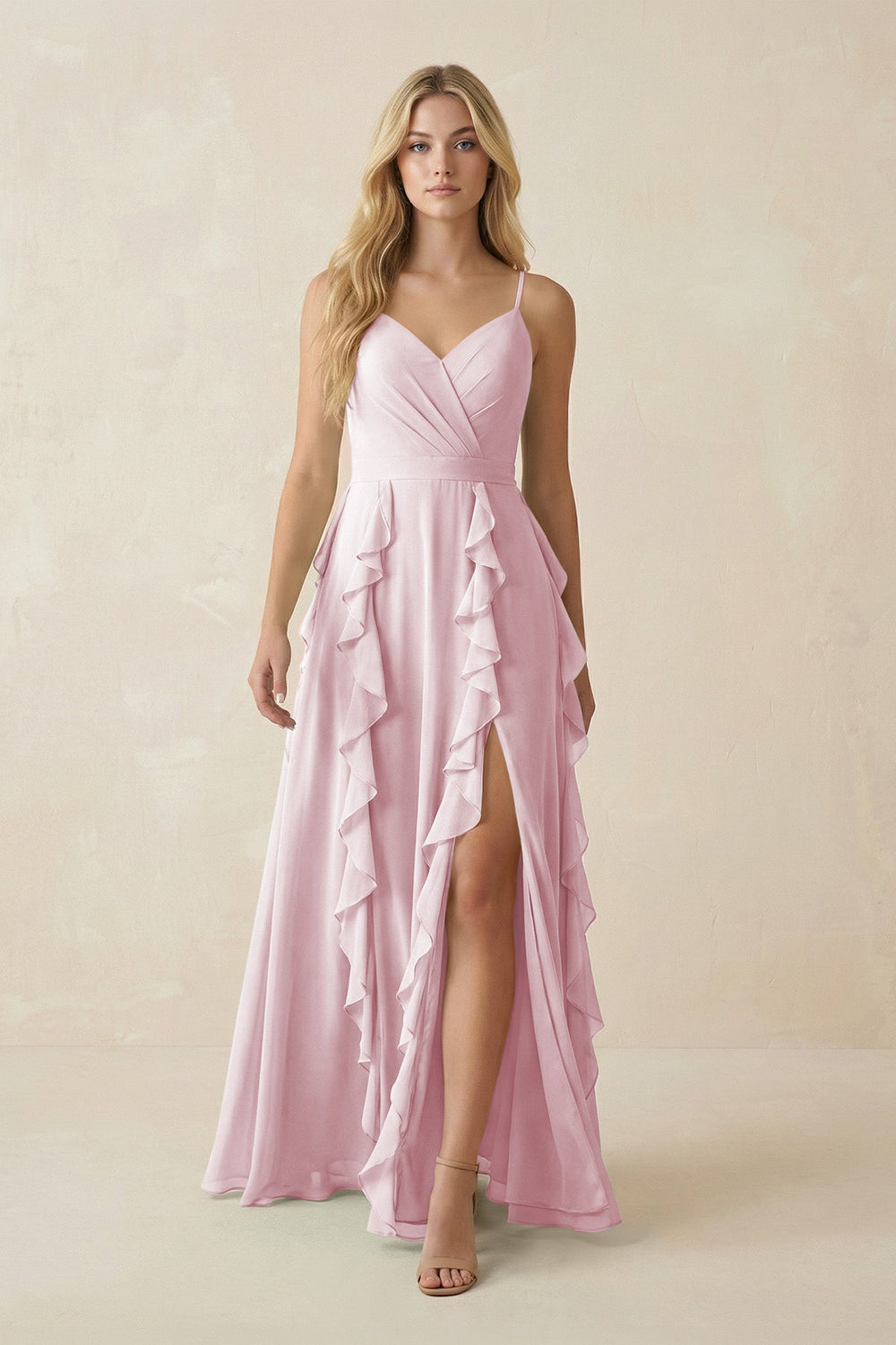 Tiered Ruffle A - Line Chiffon Bridesmaid Dress in Candy Pink - SHE IS ME Bridesmaid Dresses
