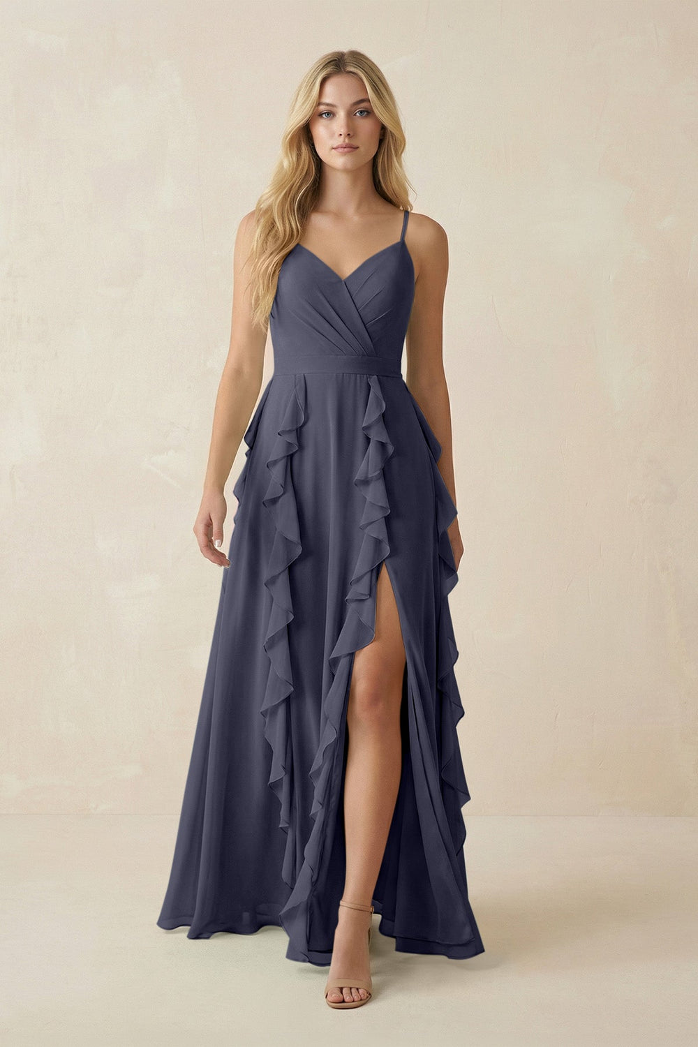 Tiered Ruffle A - Line Chiffon Bridesmaid Dress in Dusk Blue - SHE IS ME Bridesmaid Dresses