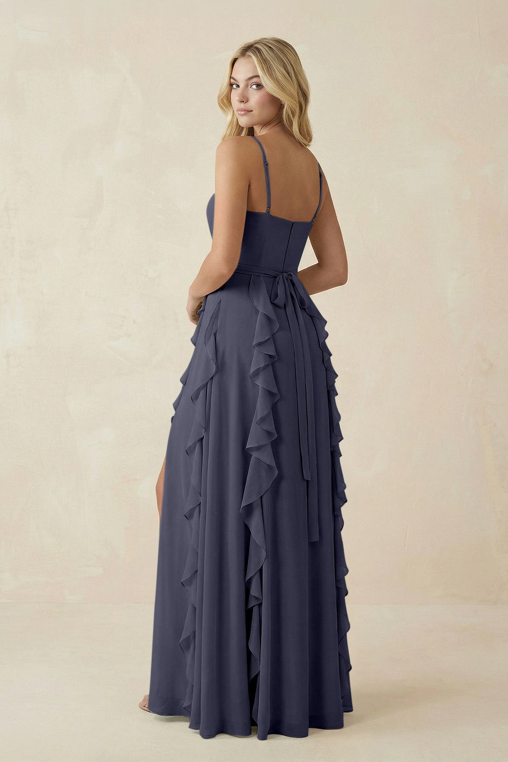 Tiered Ruffle A - Line Chiffon Bridesmaid Dress in Dusk Blue - SHE IS ME Bridesmaid Dresses