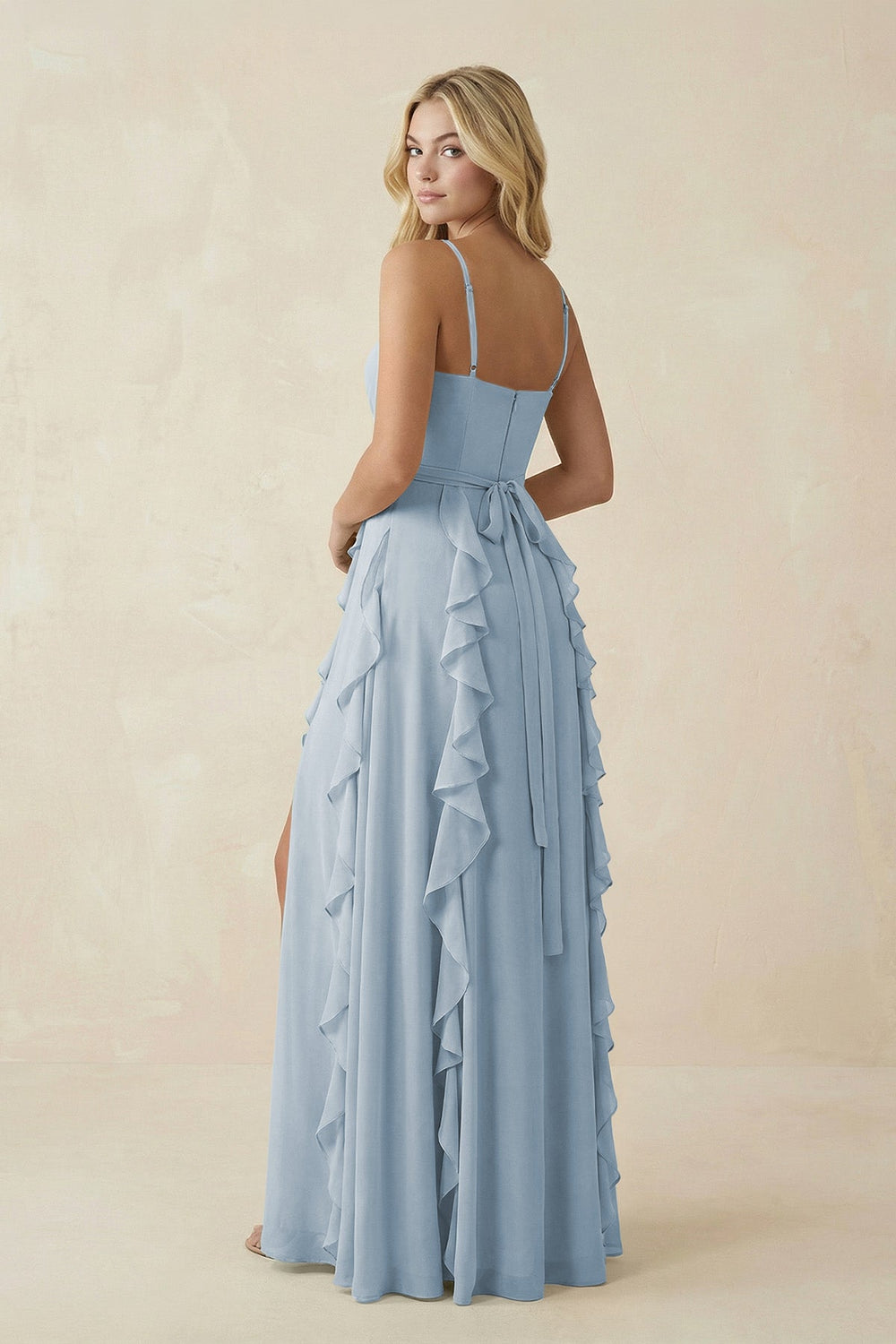 Tiered Ruffle A - Line Chiffon Bridesmaid Dress in Dusty Blue - SHE IS ME Bridesmaid Dresses