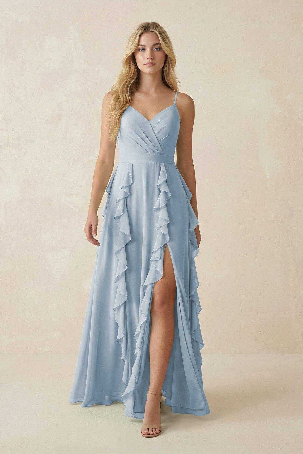 Tiered Ruffle A - Line Chiffon Bridesmaid Dress in Dusty Blue - SHE IS ME Bridesmaid Dresses