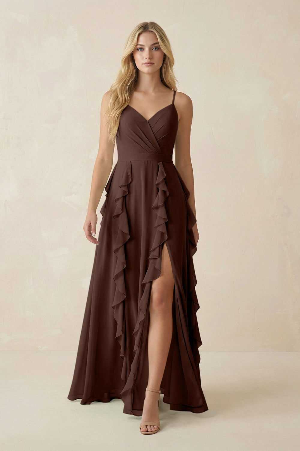 Tiered Ruffle A - Line Chiffon Bridesmaid Dress in Espresso - SHE IS ME Bridesmaid Dresses