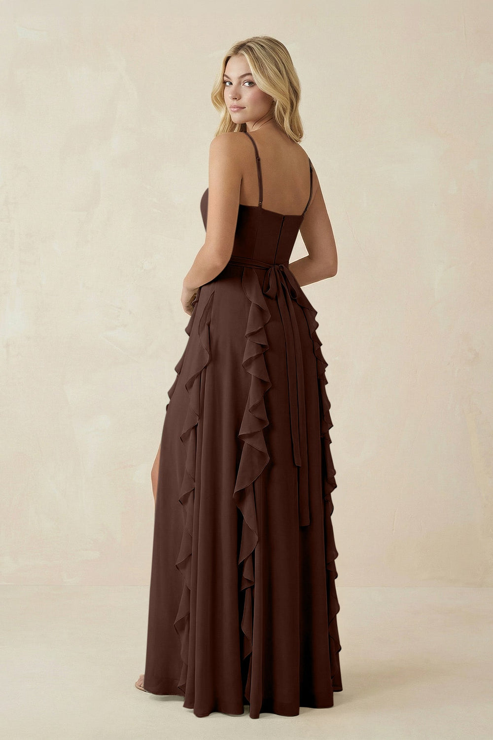 Tiered Ruffle A - Line Chiffon Bridesmaid Dress in Espresso - SHE IS ME Bridesmaid Dresses