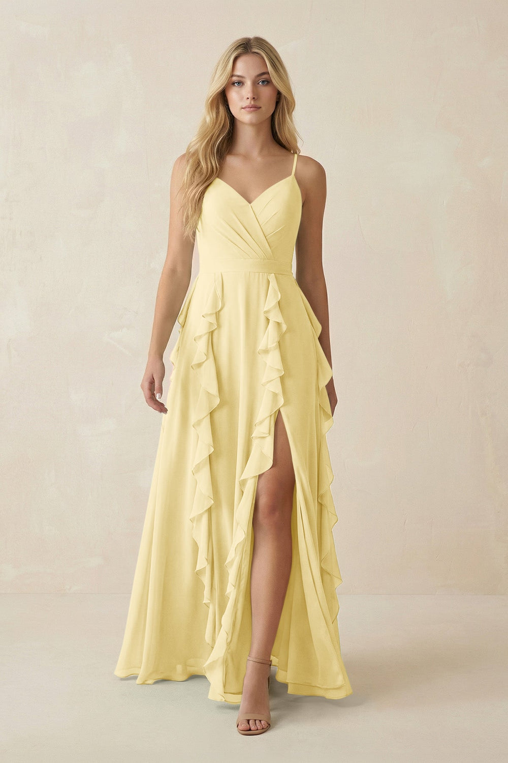 Tiered Ruffle A - Line Chiffon Bridesmaid Dress in Pastel Yellow - SHE IS ME Bridesmaid Dresses