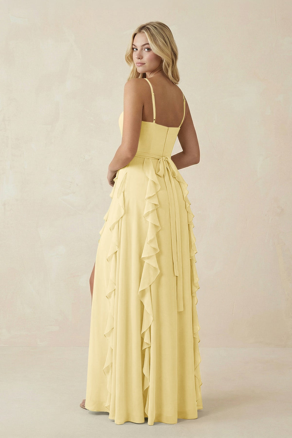 Tiered Ruffle A - Line Chiffon Bridesmaid Dress in Pastel Yellow - SHE IS ME Bridesmaid Dresses