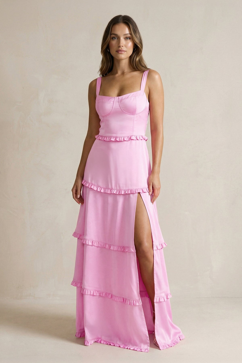 Tiered Ruffled A - Line Bridesmaid Dress With Slit in Pink - SHE IS ME Bridesmaid Dresses