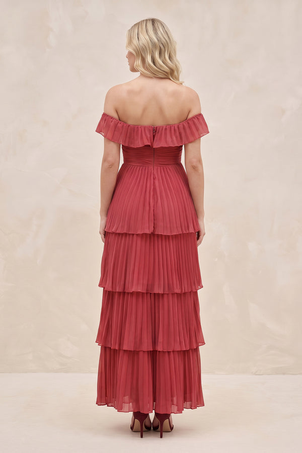 Tiered Ruffled Off-the-Shoulder Pleated Maxi Dress in Merlot – SHE IS ME Dresses