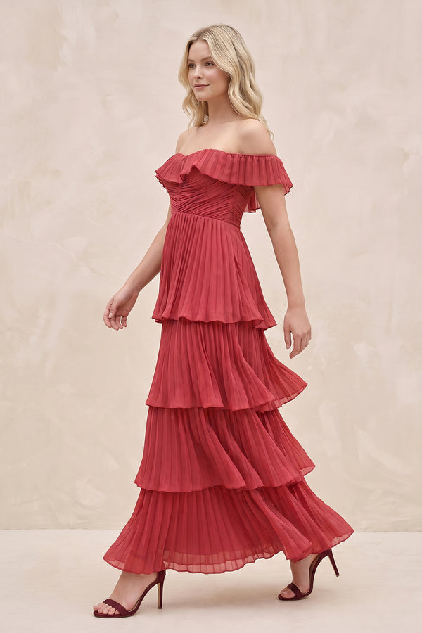 Tiered Ruffled Off-the-Shoulder Pleated Maxi Dress in Merlot – SHE IS ME Dresses