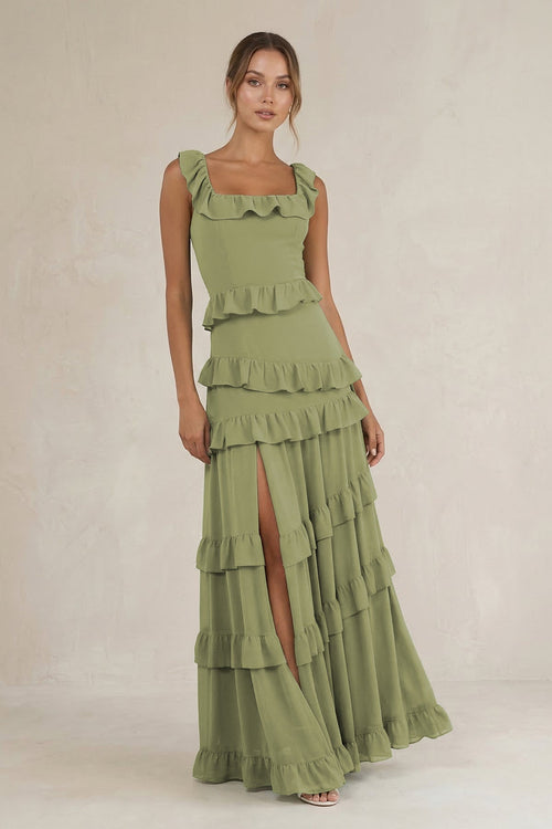 Tiered Square Neck Ruffled A - Line Bridesmaid Dress in Moss Green - SHE IS ME Bridesmaid Dresses