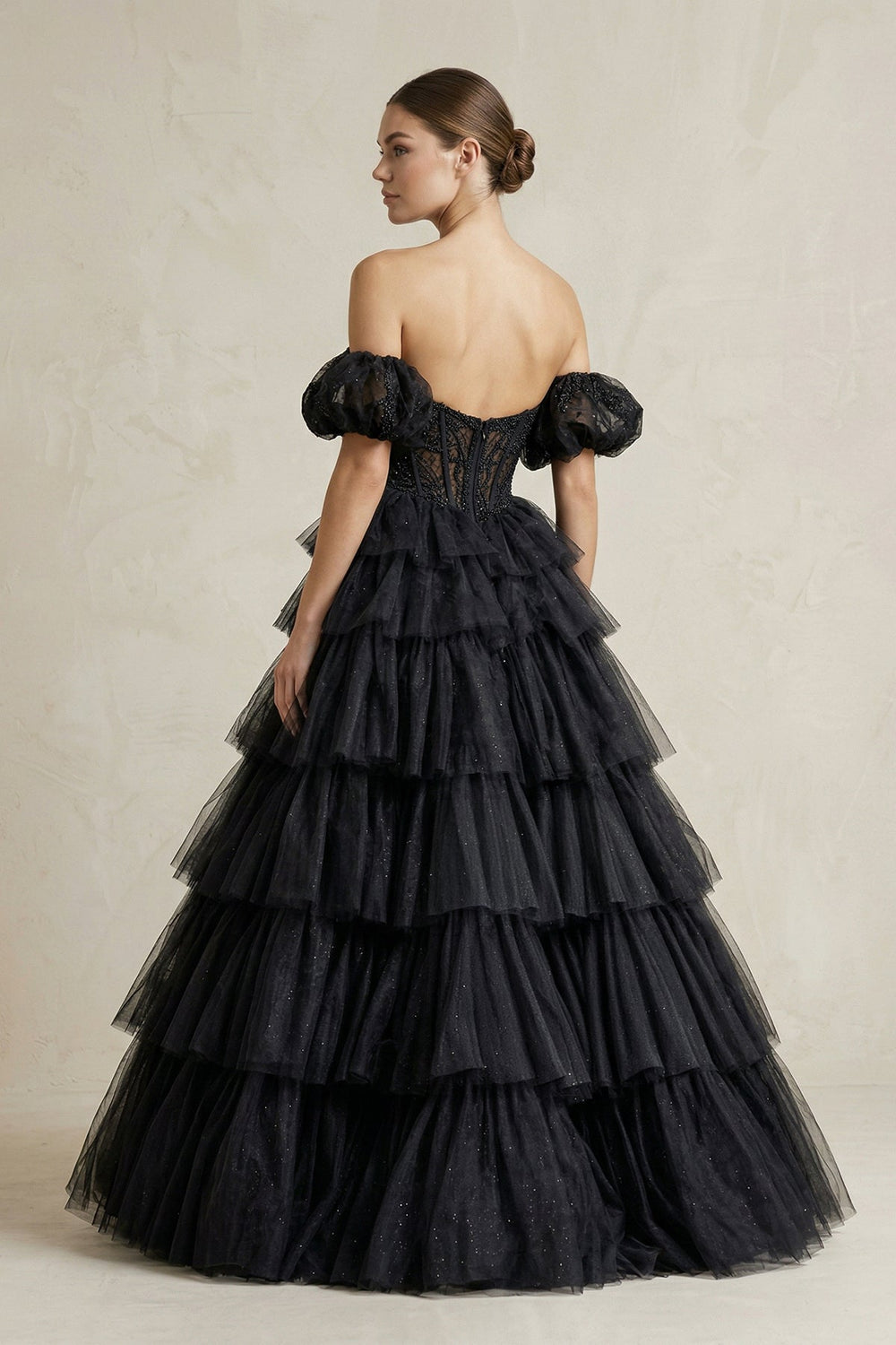 Tiered Tulle Off - the - Shoulder Ball - Gown Wedding Dress in Black - SHE IS ME Wedding Dresses