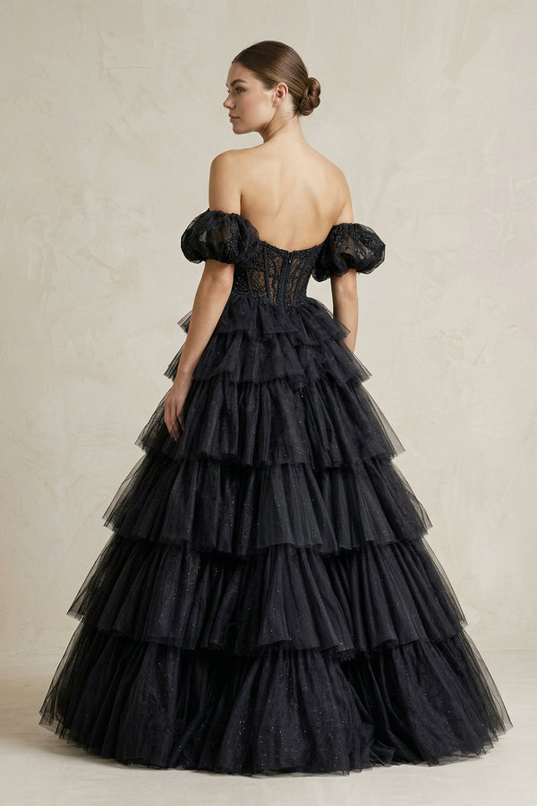 Tiered Tulle Off - the - Shoulder Ball - Gown Wedding Dress in Black - SHE IS ME Wedding Dresses