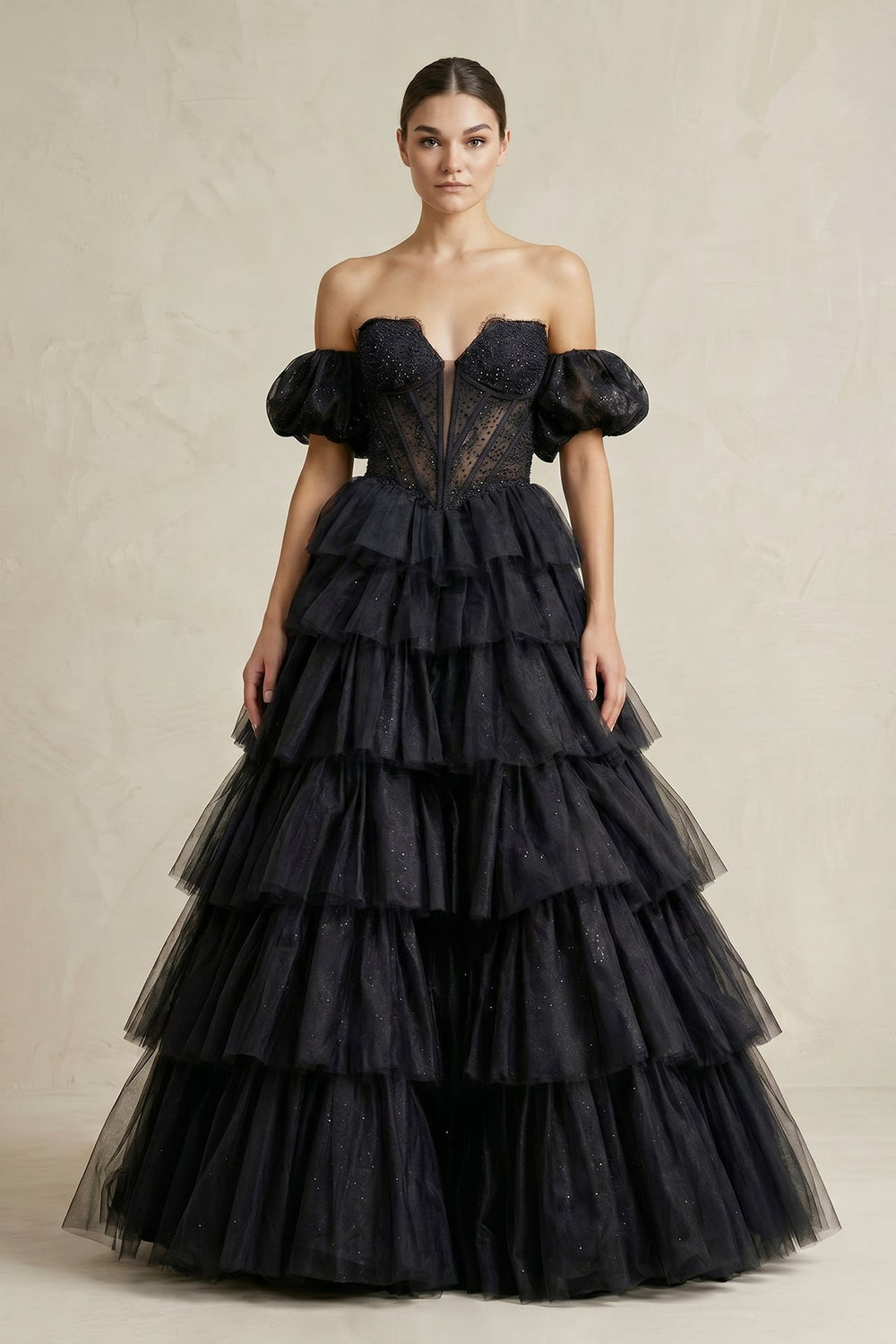 Tiered Tulle Off - the - Shoulder Ball - Gown Wedding Dress in Black - SHE IS ME Wedding Dresses