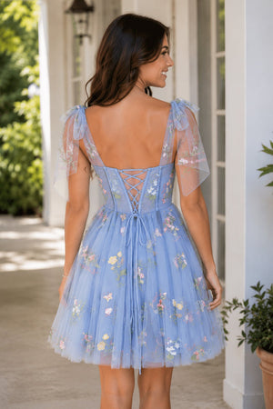 Dusty Blue Trendy A Line Spaghetti Straps Short Homecoming Dress with Embroidery - SHEISME