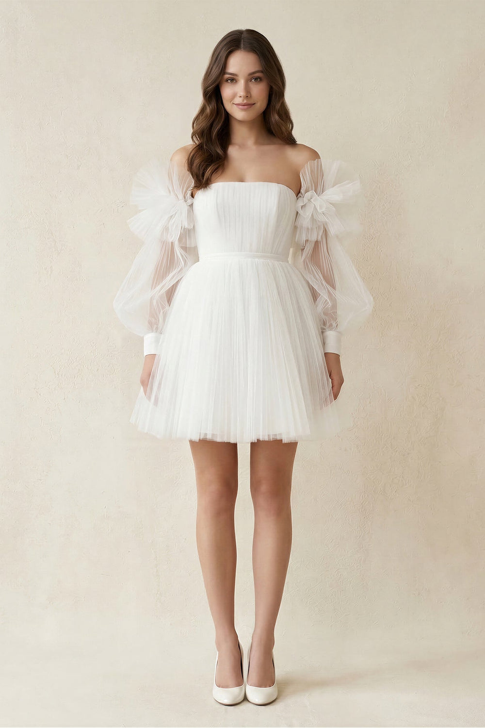 Tulle A - Line Long Sleeves Mini Wedding Dress in Ivory - SHE IS ME Wedding Dresses