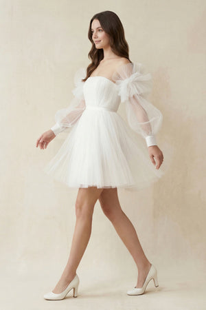 Tulle A - Line Long Sleeves Mini Wedding Dress in Ivory - SHE IS ME Wedding Dresses